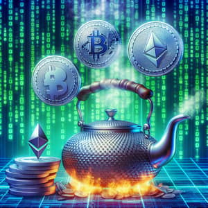 Cryptocurrency Coins Over Boiling Silver Teapot | Matrix Digital Code Background