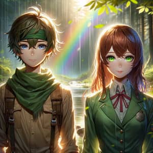 Serene Forest Scene with Boy and Girl under Rainbow