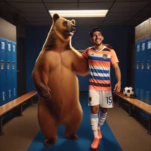 Hispanic Male Soccer Player and Brown Bear in Joyful Friendship