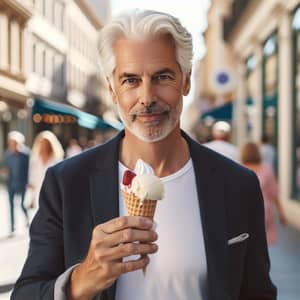 Mature Politician Enjoying Double Scoop Ice Cream on City Street