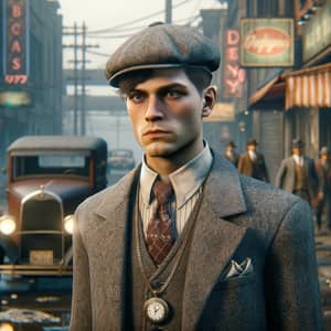 1920s Style Character in Gritty Urban Scene | Action Video Game Inspired
