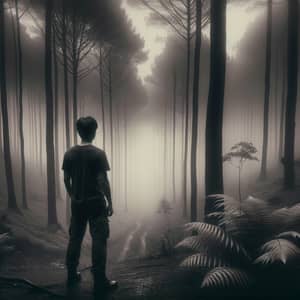 Asian Man in Moody Foggy Forest | Vintage Monochrome Scene