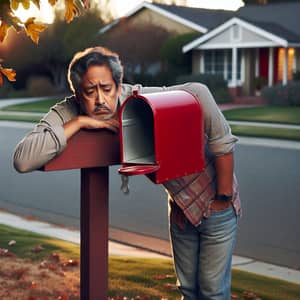 Despondent South Asian Man at Vacant Red Mailbox in Suburban Setting
