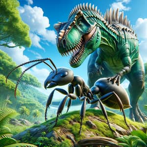 Intriguing Scene: Dinosaur Balanced on Oversized Ant