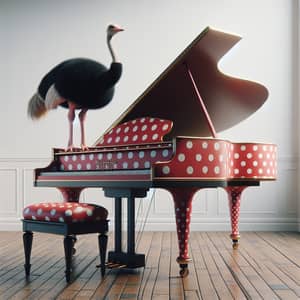Red Polka Dot Grand Piano with Ostrich - Curious Encounter