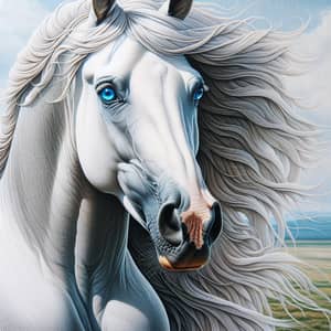 White Horse with Blue Eyes Running - Majestic Equestrian Beauty