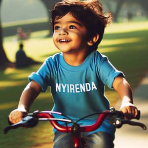 Young Boy Riding Bicycle with Nyirenda T-Shirt