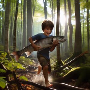 Energetic Boy Running in Forest with Shimmering Fish