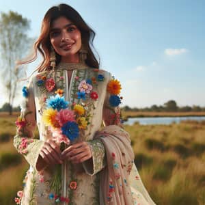 Colorful Flower Dress: South Asian Woman in Meadow
