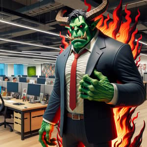 Fantasy Ogre in Business Suit with Red Flames in Office Scene