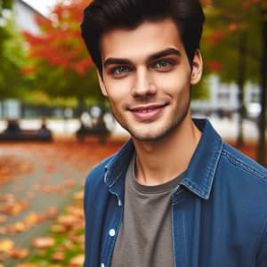 Young Caucasian Man in Urban Park with Autumn Leaves