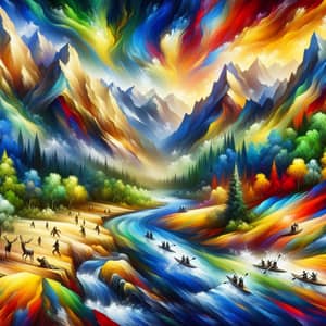 Vibrant Landscape Painting: High Peaks, Deep Rivers, and Rich Colors
