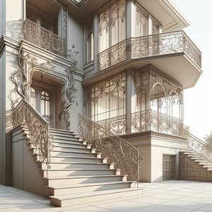 Architectural House Design with Concrete Stairs and Wrought Iron Balconies