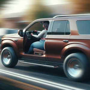 Detailed Image of Brown Vehicle in Motion Driven by Woman