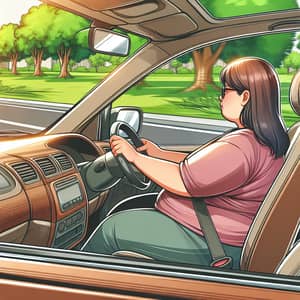 Detailed Image of Woman Driving Brown Car on Sunny Suburban Street