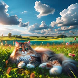 Fluffy Multicolored Cat Enjoying Sunshine in Countryside