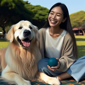 Golden Retriever Dog Playing with Blue Ball in Park with Woman