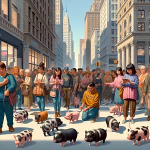 Bustling Multicultural City Scene with Mini Pigs in Daytime