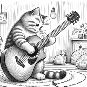 Joyful Cat Playing Guitar Sketch