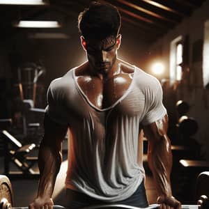 Intense Workout of a Muscular Man in a Dim Gym