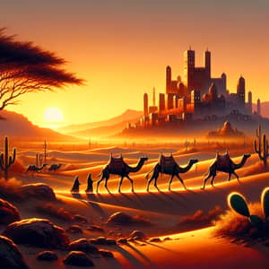 Serene Yemen Desert Landscape with Camels at Sunset