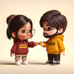 3D Cartoon Character Short Girl & Boy in Hoodies - Cute Gift Exchange