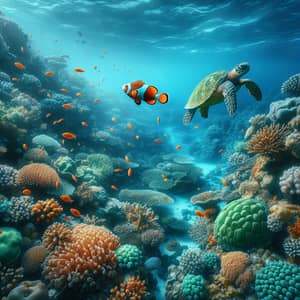 Vibrant Coral Reef with Clownfish and Sea Turtle