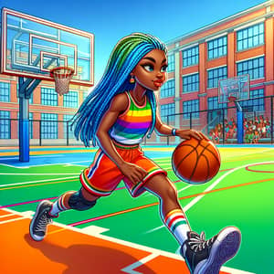 Energetic Nigerian Girl Playing Basketball on Vibrant School Court