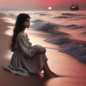 Hispanic Girl Waiting on Seashore at Sunset