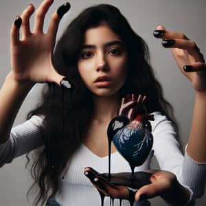 Hispanic Woman Holding Leaking Heart | Emotive Visual Art