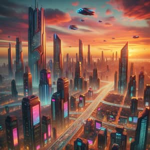 Futuristic Cityscape at Sunset - Cyberpunk Skyscrapers & Flying Cars