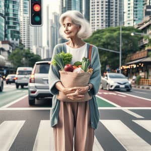 Elderly Woman Crossing City Road with Bag of Groceries