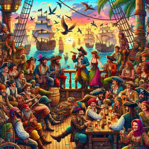 Pirate World Adventure: A Colorful Ocean Scene with Diverse Pirates