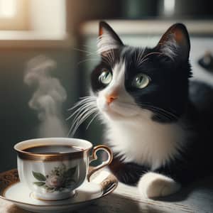 Curious Cat and Coffee Cup: Enchanting Moment Captured