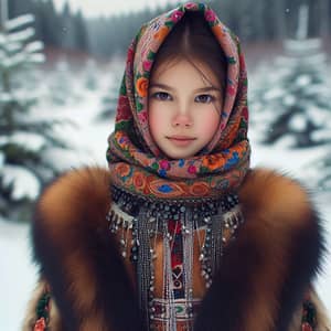 Young Siberian Girl in Traditional Attire | Winter Landscape