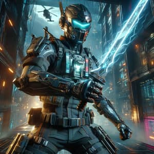 Futuristic Cyborg Soldier with Electric Sword | Dystopian Cityscape