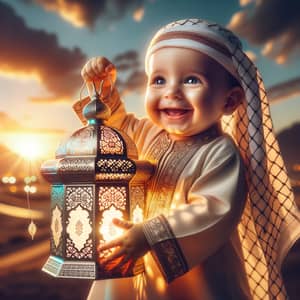 Happy Middle-Eastern Baby Boy Carrying Ramadan Fanos