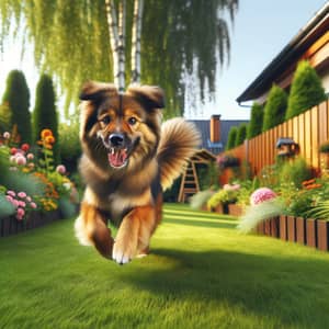 Playful Dog Chasing Tail in Suburban Garden