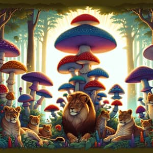 Magical Forest Lions: Diverse Pride Amid Colorful Mushrooms