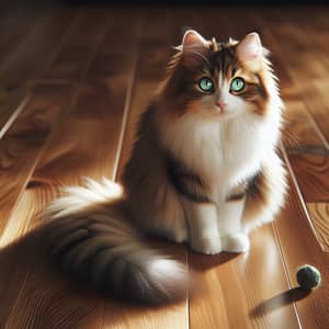 Fluffy Domestic Cat Sitting on Wooden Floor
