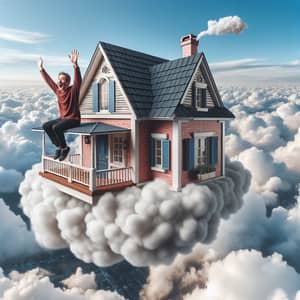 Asian Man Flying on Whimsical House in Clouds