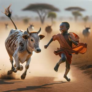African Boy Playfully Chased by Cow on Savannah Path