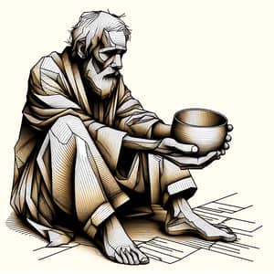 Intricate 3D One-Line Art of Sad Beggar Seeking Alms