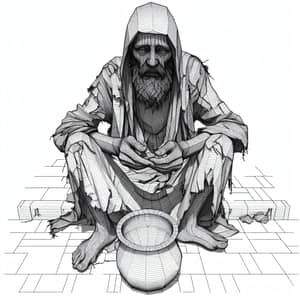3D Beggar Representation in Line Art - Poverty and Strength