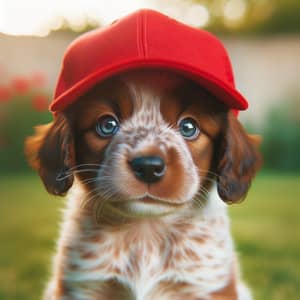 Adorable Brown & White Speckled Puppy with Playful Blue Eyes in Red Baseball Hat