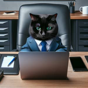 Professional Black Cat in Blue Suit at Office Desk