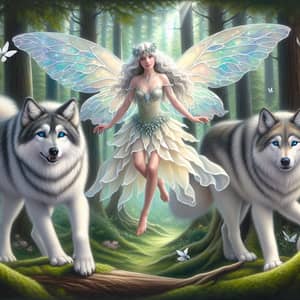 Enchanting Fairy and Majestic Wolves in Serene Forest