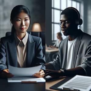 Professional East Asian Female Manager and African Male Translator in Office Scene