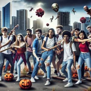 Diverse High School Students Battle Zombies in City Landscape