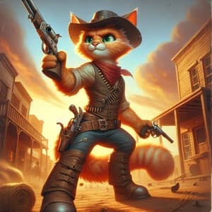 Anthropomorphic Cat with Flintlock Pistol in Wild-West Town